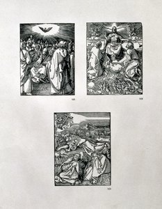 「小さな情熱」シリーズ（時計回り）：ペンテコステ。最後の裁判;庭の苦悶、パブ。 1511 作： Albrecht Dürer